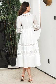White 3/4 Sleeves Boho Engagement Party Dress with Lace
