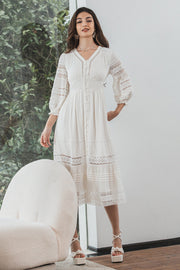 Tea-Length Lace Little White Dress with Long Sleeves