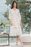 Tea-Length Lace Little White Dress with Long Sleeves