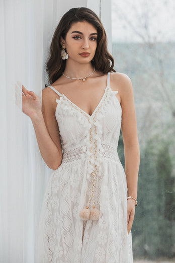 Spaghetti Straps High-Low Little White Dress with Lace