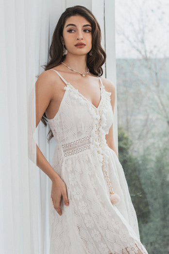 Spaghetti Straps High-Low Little White Dress with Lace