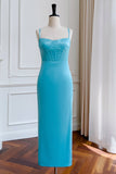 Blue Spaghetti Straps Sheath Wedding Guest Dress