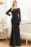 Sparkly Black Mermaid Sequins Boat Neck Choir Dress with Long Sleeves
