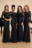 Sparkly Black Mermaid Sequins Boat Neck Choir Dress with Long Sleeves