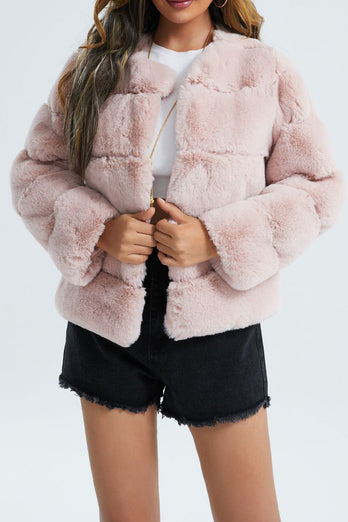 Pink Shawl Lapel Faux Fur Short Shearling Coat