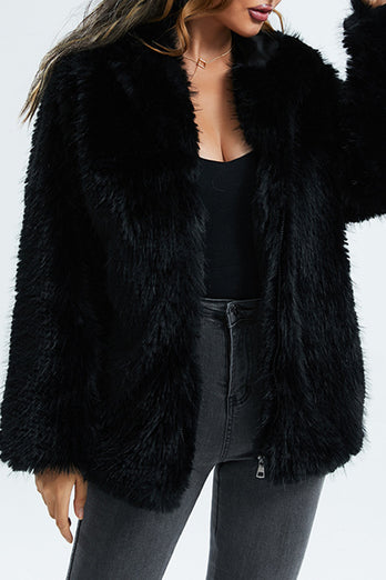 Black Hooded Faux Fur Short Shearling Coat