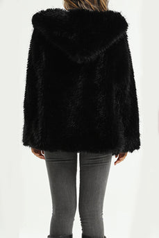 Black Hooded Faux Fur Short Shearling Coat