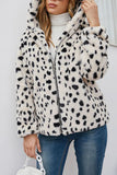 White Leopard Printed Faux Fur Hooded Shearling Coat