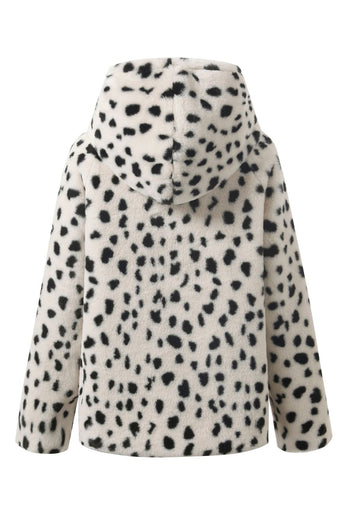 White Leopard Printed Faux Fur Hooded Shearling Coat