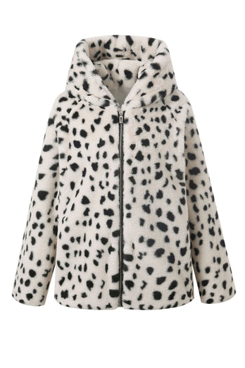 White Leopard Printed Faux Fur Hooded Shearling Coat