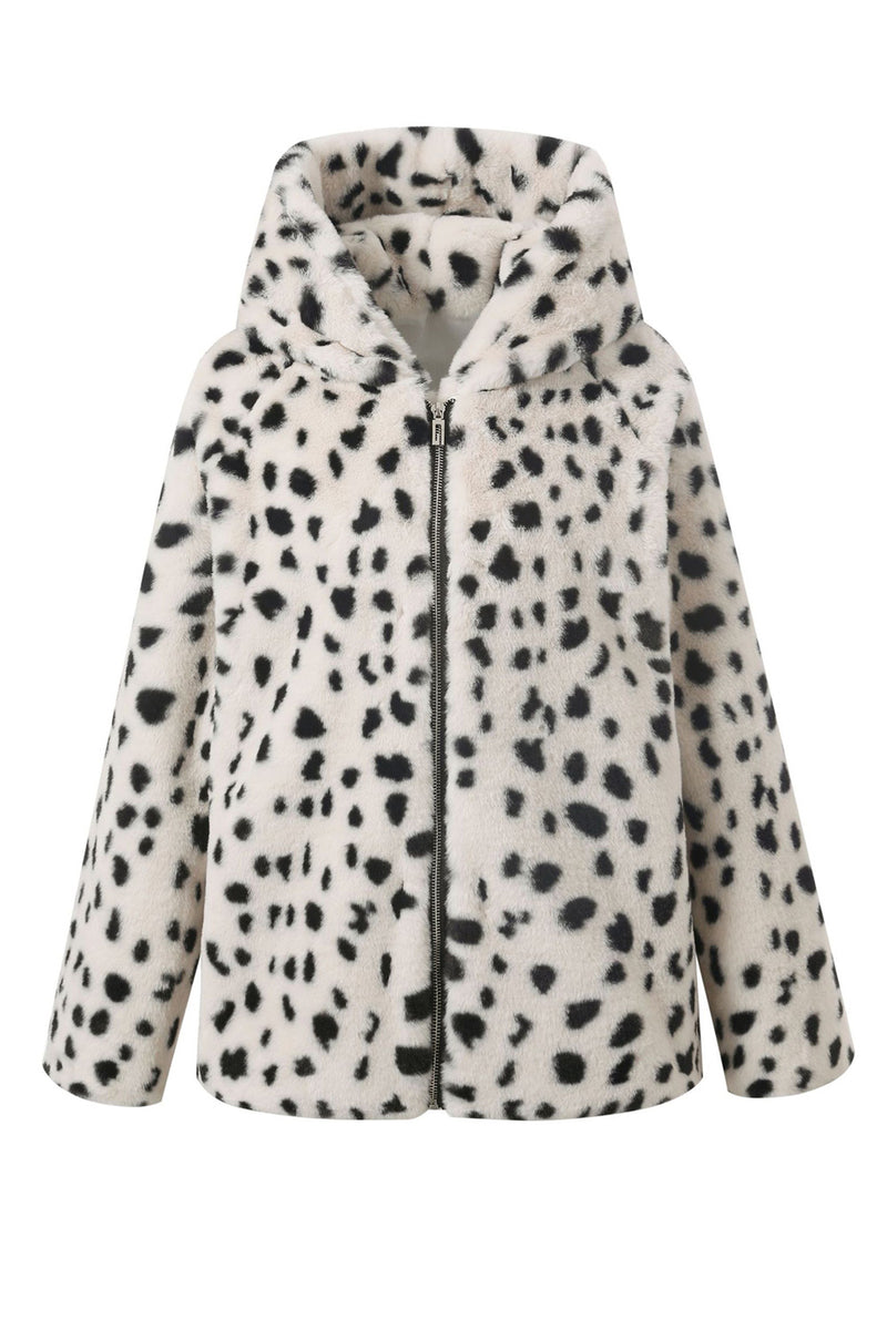 Load image into Gallery viewer, White Leopard Printed Faux Fur Hooded Shearling Coat