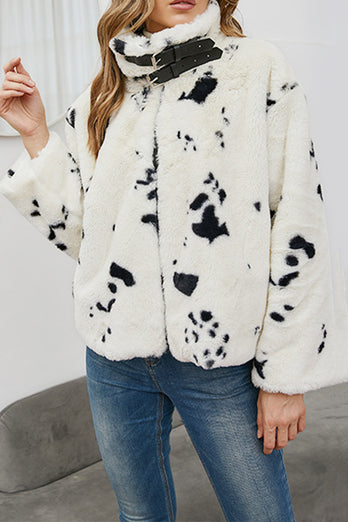 Beige Leopard Printed Faux Fur Short Shearling Coat with Pockets