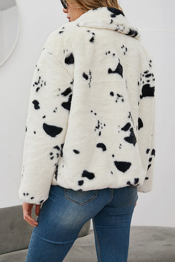 Beige Leopard Printed Faux Fur Short Shearling Coat with Pockets