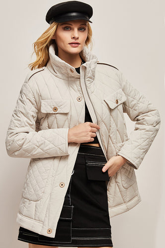 Beige Button Lapel Quilted Slim Fit Puff Jacket