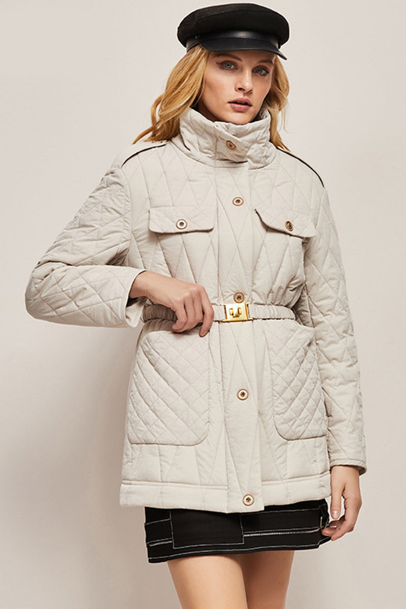Load image into Gallery viewer, Beige Button Lapel Quilted Slim Fit Puff Jacket