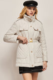 Beige Button Lapel Quilted Slim Fit Puff Jacket