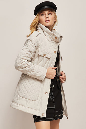 Beige Button Lapel Quilted Slim Fit Puff Jacket