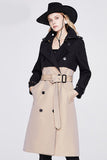 Black and Khaki Patchwork Double Breasted Long Trench Coat with Belt