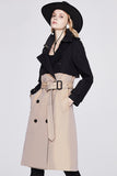 Black and Khaki Patchwork Double Breasted Long Trench Coat with Belt