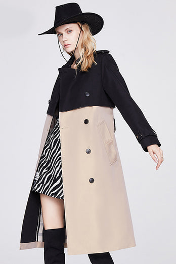 Black and Khaki Patchwork Double Breasted Long Trench Coat with Belt