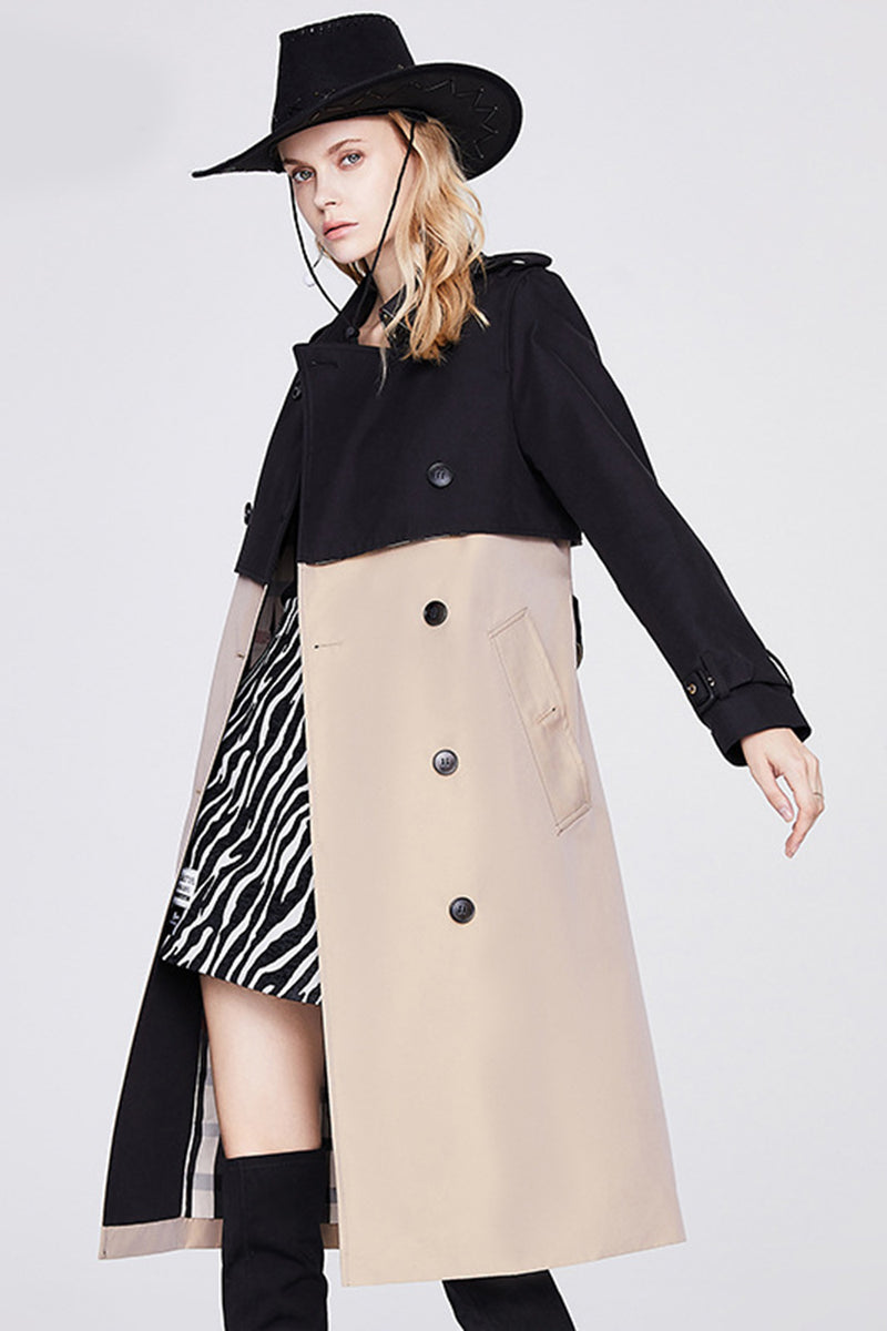 Load image into Gallery viewer, Black and Khaki Patchwork Double Breasted Long Trench Coat with Belt