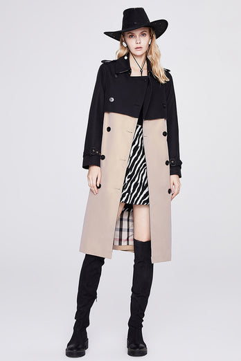 Black and Khaki Patchwork Double Breasted Long Trench Coat with Belt