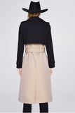 Black and Khaki Patchwork Double Breasted Long Trench Coat with Belt