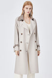 Beige Patchwork Double Breasted Long Trench Coat with Belt