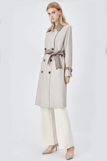 Beige Patchwork Double Breasted Long Trench Coat with Belt
