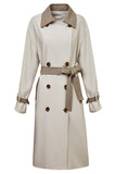 Beige Patchwork Double Breasted Long Trench Coat with Belt