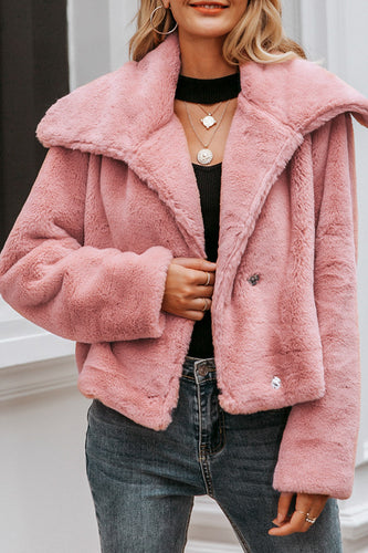 Pink Button Lapel Faux Fur Short Shearling Coat