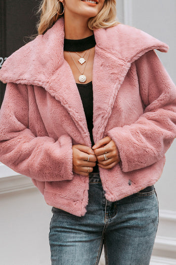 Pink Button Lapel Faux Fur Short Shearling Coat