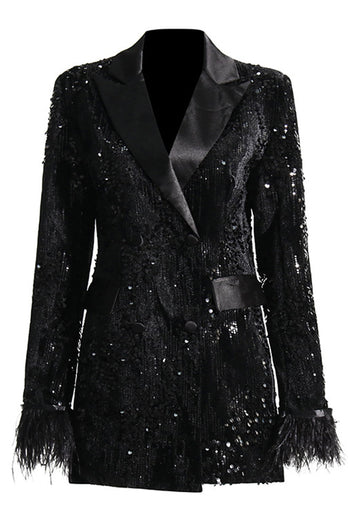 Glitter Black Peak Lapel Sequins Women Blazer with Feathers