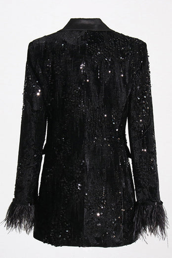 Glitter Black Peak Lapel Sequins Women Blazer with Feathers