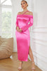 Load image into Gallery viewer, Hot Pink Off the Shoulder Satin Cocktail Dress