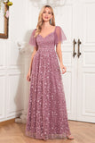 Dusty Rose A-Line V-Neck Embroidered Long Choir Dress