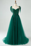 Dark Green A-Line Spaghetti Straps Tulle Long Formal Dress with Beading