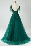 Dark Green A-Line Spaghetti Straps Tulle Long Formal Dress with Beading