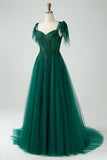 Dark Green A-Line Spaghetti Straps Tulle Long Formal Dress with Beading