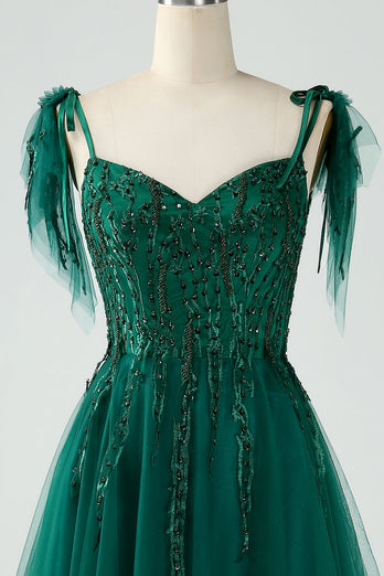 Dark Green A-Line Spaghetti Straps Tulle Long Formal Dress with Beading