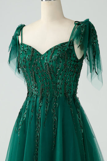 Dark Green A-Line Spaghetti Straps Tulle Long Formal Dress with Beading
