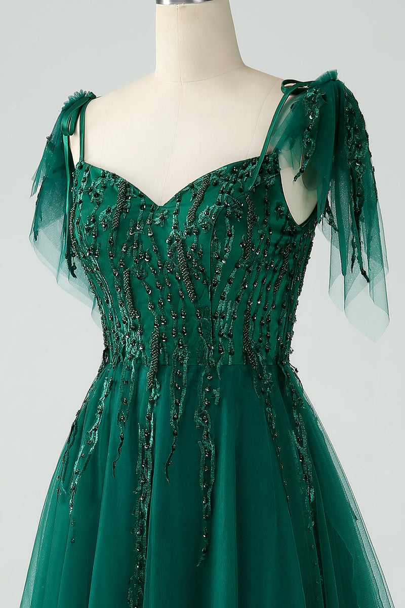 Load image into Gallery viewer, Dark Green A-Line Spaghetti Straps Tulle Long Formal Dress with Beading