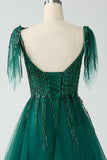 Dark Green A-Line Spaghetti Straps Tulle Long Formal Dress with Beading