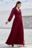 Burgundy Appliqued A Line Long Sleeves Chiffon Choir Dress