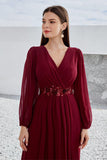 Burgundy Appliqued A Line Long Sleeves Chiffon Choir Dress