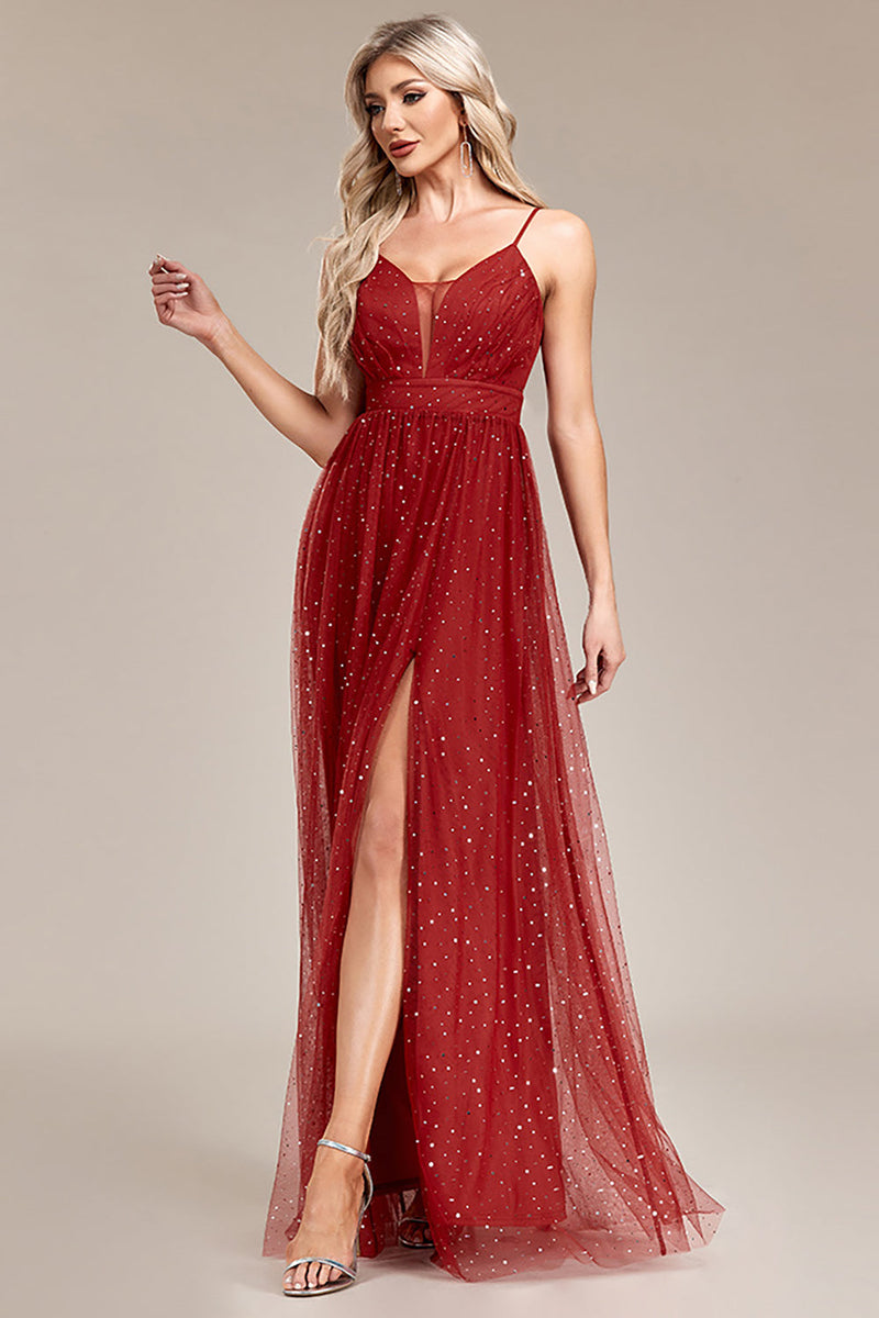 Load image into Gallery viewer, A-Line Sequins Rust Formal Dress with Slit