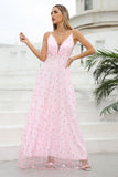 Pink Spaghetti Straps Formal Dress with Flowers