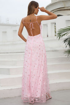 Pink Spaghetti Straps Formal Dress with Flowers