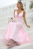 Pink Spaghetti Straps Formal Dress with Flowers