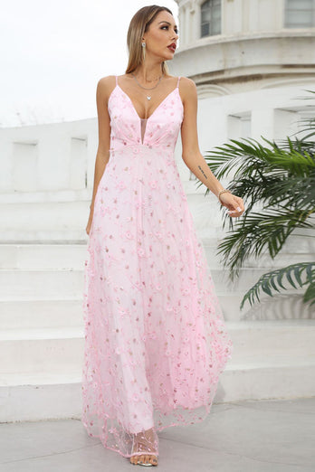 Pink Spaghetti Straps Formal Dress with Flowers